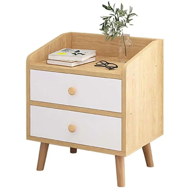 Modern Two-Drawer Bedside Table – Minimalist Nightstand With Open Shelf & Wood Grain Finish 1