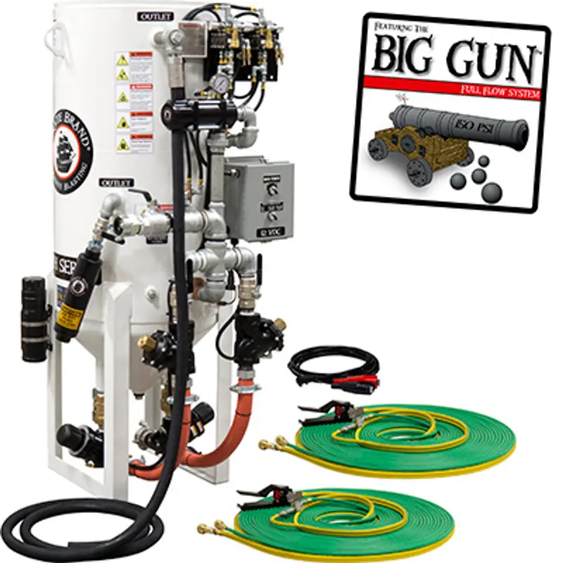 Pirate S-Series Dual-Chamber 8 Cu Ft Hose-Mounted Blast Pot: Stationary, Double Outlet With Abrasive Cut-Off, Pneumatic Controls 1