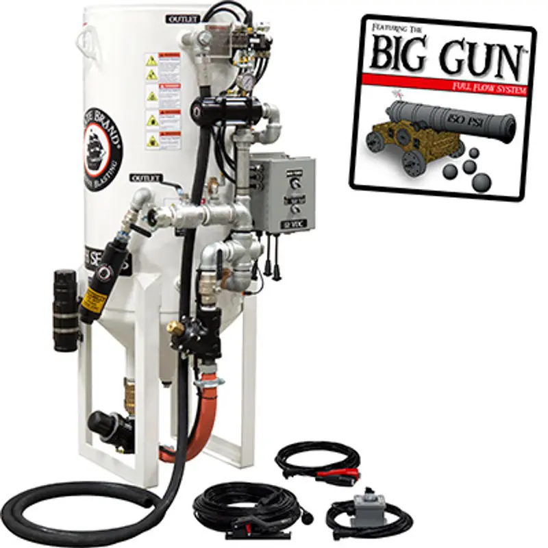 Pirate S-Series Dual-Chamber 8 Cu Ft Wall-Mounted Blast Pot: Stationary, Single Outlet With Abrasive Cut-Off, 12Vdc Electric Controls 1