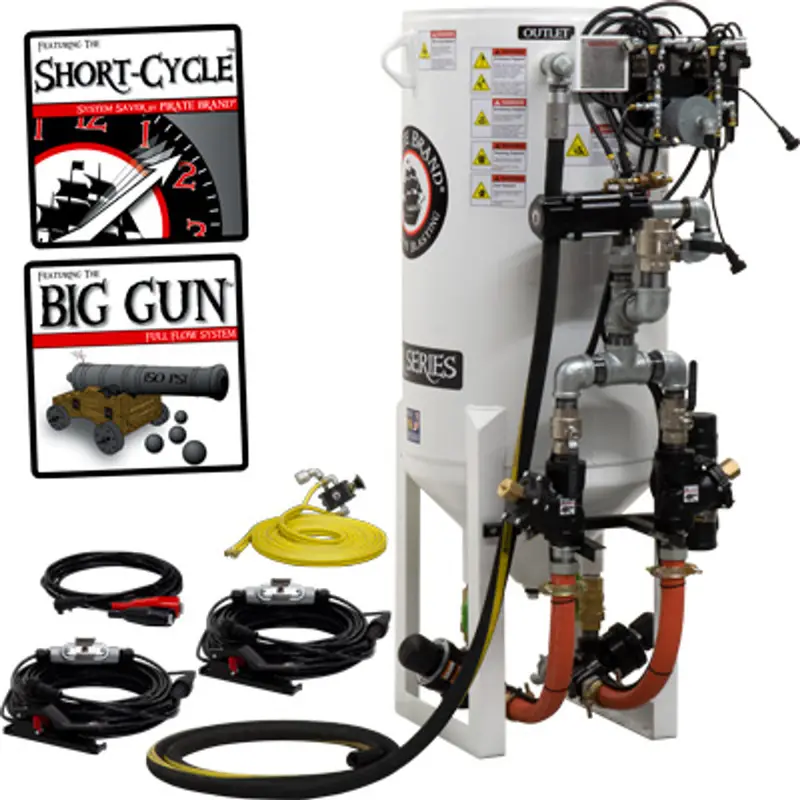 Pirate S-Series Short-Cycle™ 10 Cu Ft Blast Pot – Stationary, Double Outlet With Cord-Mounted Abrasive Cut-Off & Pressure Release System, 12Vdc Electric Controls 1