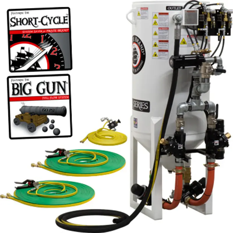 Pirate S-Series Short-Cycle™ 10 Cu Ft Blast Pot – Stationary, Double Outlet With Hose-Mounted Abrasive Cut-Off & Pressure Release System, Pneumatic Controls 1