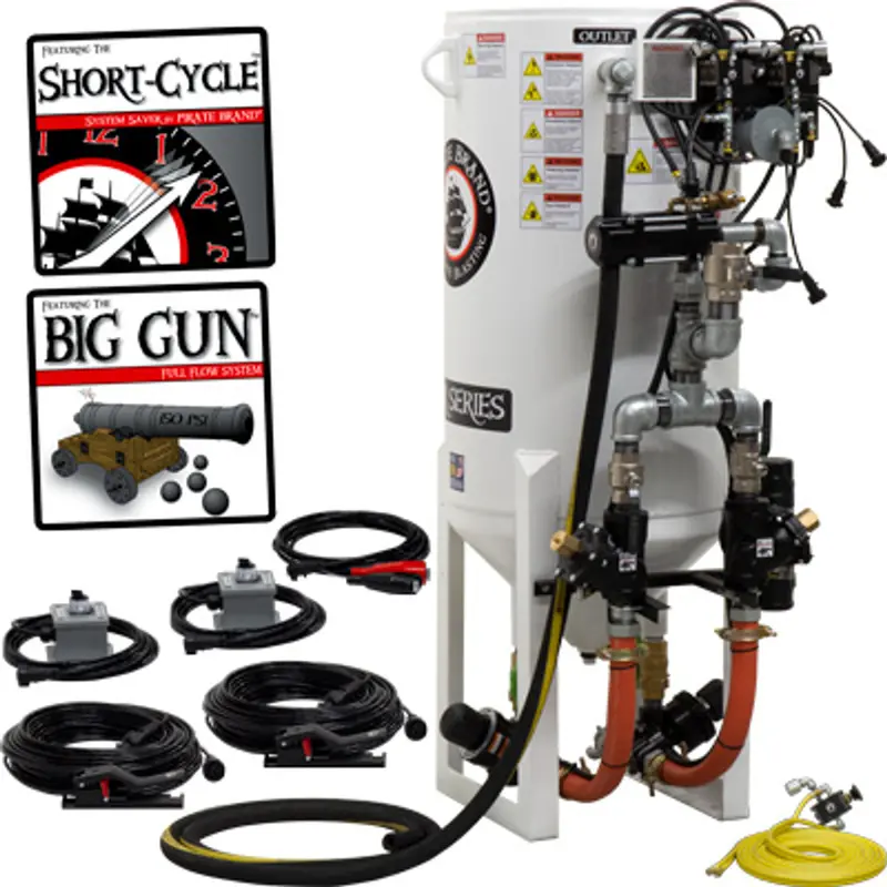 Pirate S-Series Short-Cycle™ 10 Cu Ft Blast Pot – Stationary, Double Outlet With Wall-Mounted Abrasive Cut-Off & Pressure Release System, 12Vdc Electric Controls 1