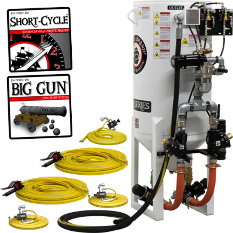 Pirate S-Series Short-Cycle™ 10 Cu Ft Blast Pot – Stationary, Double Outlet With Wall-Mounted Abrasive Cut-Off & Pressure Release System, Pneumatic Controls 1