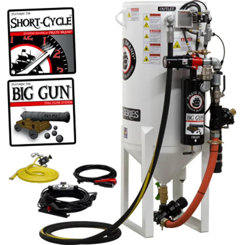 Pirate S-Series Short-Cycle™ 10 Cu Ft Blast Pot – Stationary, Single Outlet With Cord-Mounted Abrasive Cut-Off & Pressure Release System, 12Vdc Electric Controls 1