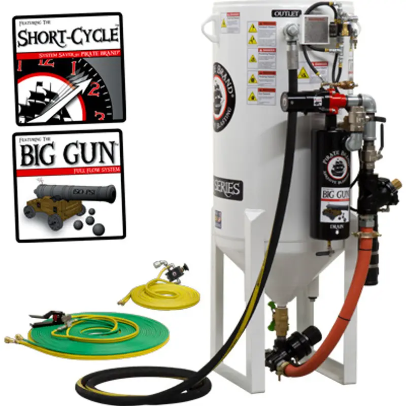 Pirate S-Series Short-Cycle™ 10 Cu Ft Blast Pot – Stationary, Single Outlet With Hose-Mounted Abrasive Cut-Off & Pressure Release System, Pneumatic Controls 1