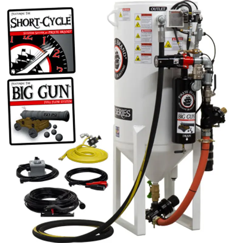Pirate S-Series Short-Cycle™ 10 Cu Ft Blast Pot – Stationary, Single Outlet With Wall-Mounted Abrasive Cut-Off & Pressure Release System, 12Vdc Electric Controls 1