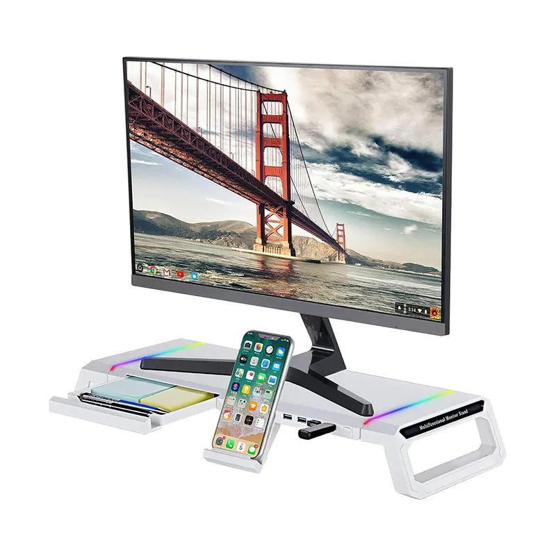 White Rgb Monitor Stand Riser With Built-In Usb Hub And Cable Management 1