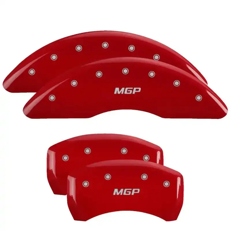 Mgp Engraved 4-Piston Caliper Covers – Front And Rear, Red Finish With Silver Chrome Accents 1